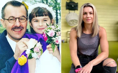 A man with glasses and child holding flowers; woman in gray top outdoors.