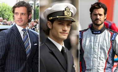Man in three outfits: striped suit, naval uniform, racing suit.