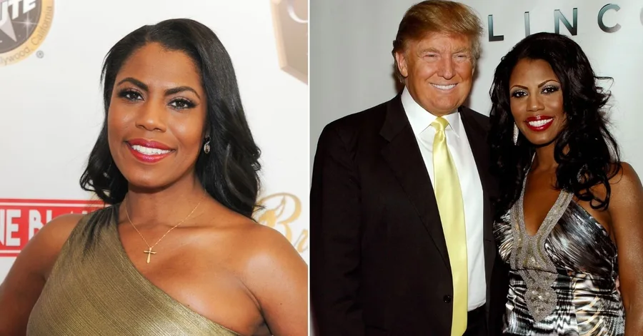 Omarosa Manigault Newman smiling in a gold dress; another image with a man in a suit.