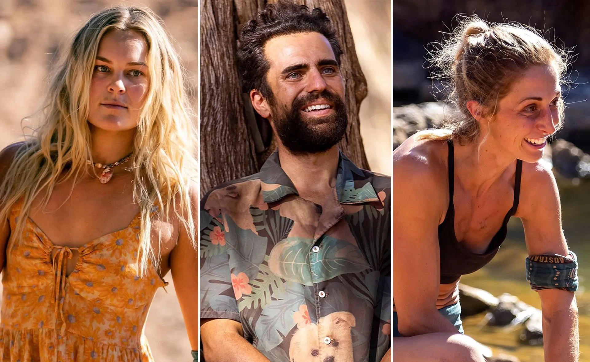 "Three 'Survivor: Brains v Brawn' contestants; woman in floral dress, man in tropical shirt, woman in athletic wear outdoors."