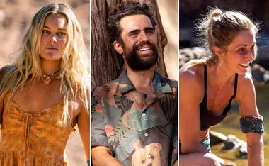 "Three 'Survivor: Brains v Brawn' contestants; woman in floral dress, man in tropical shirt, woman in athletic wear outdoors."