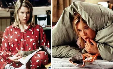 A woman in pajamas reading a magazine; then under a duvet eating snacks.