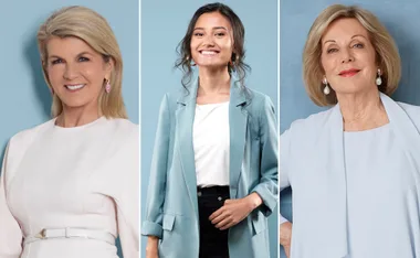 Three women posing in a collage, each wearing smart casual outfits against a blue background.