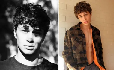 A young man with curly hair in black and white on the left, and wearing an open checkered shirt on the right.