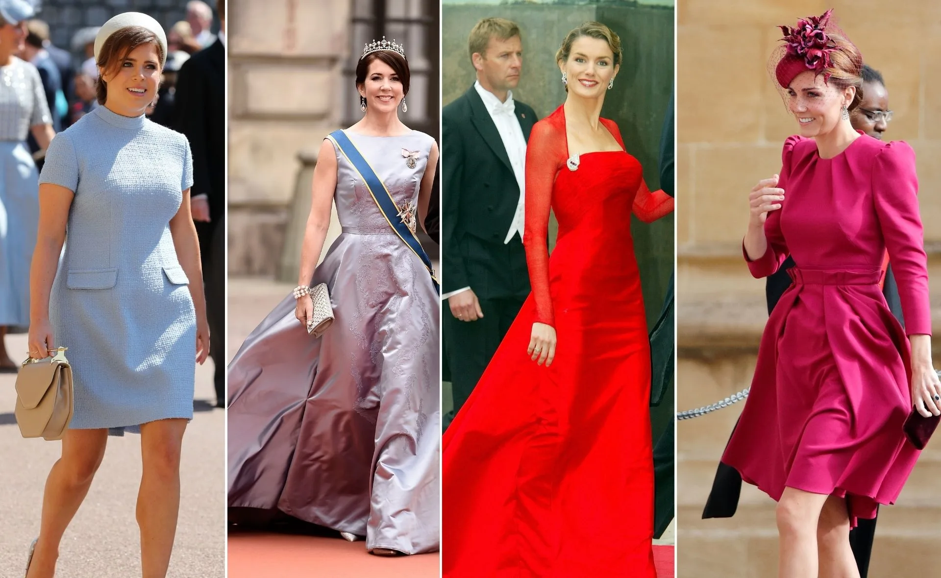 Royals attending weddings in elegant outfits: blue dress, silver gown with tiara, red gown, pink dress with hat.