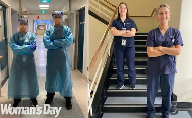 Two photos of nurses in scrubs; left: in full protective gear, right: smiling on stairs in uniform.