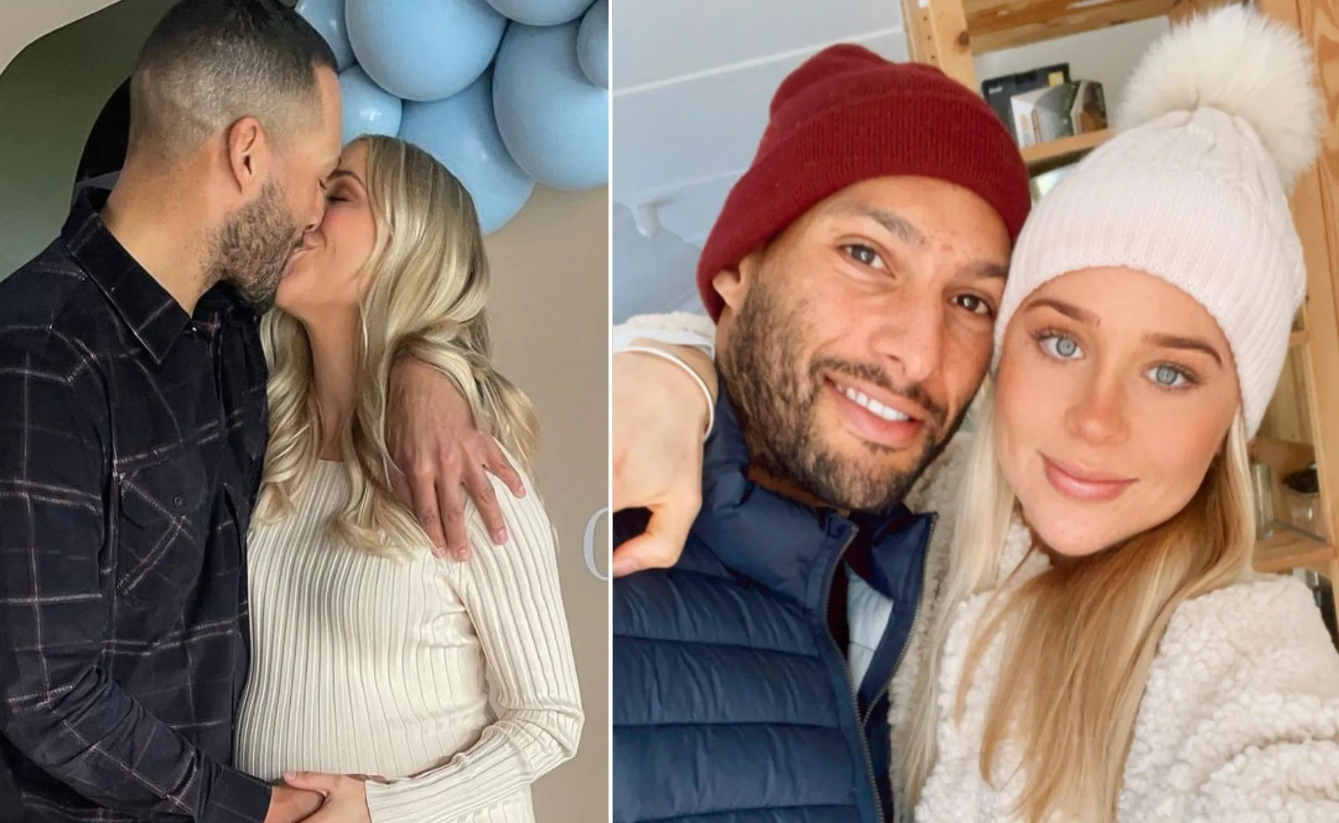 A couple embraces, celebrating with balloons; the woman has long blonde hair, and they both wear casual, cozy outfits.