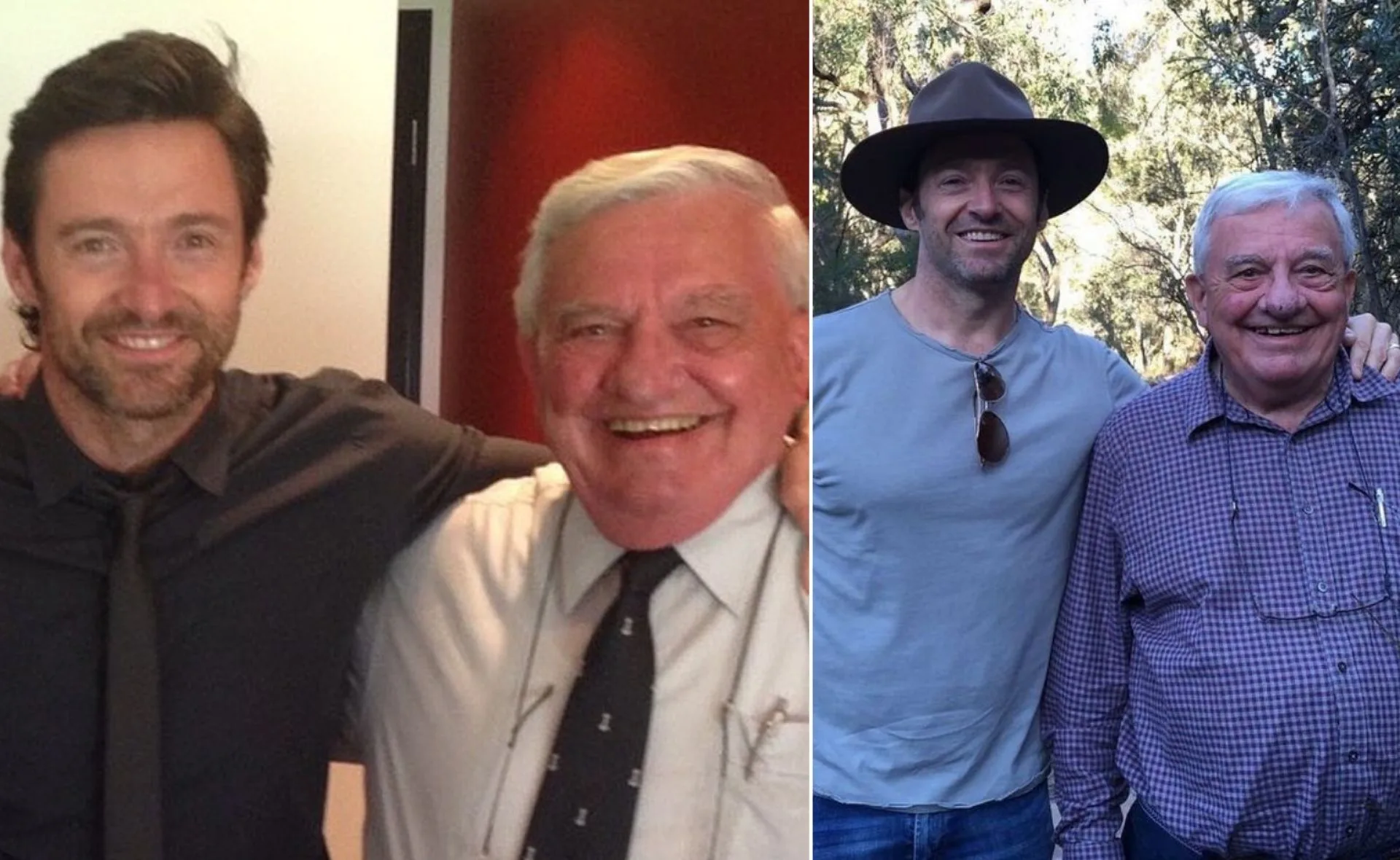 Two photos of Hugh Jackman with his late father, smiling indoors and outdoors.