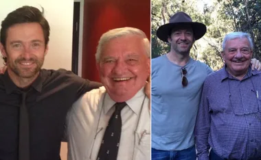 Two photos of Hugh Jackman with his late father, smiling indoors and outdoors.
