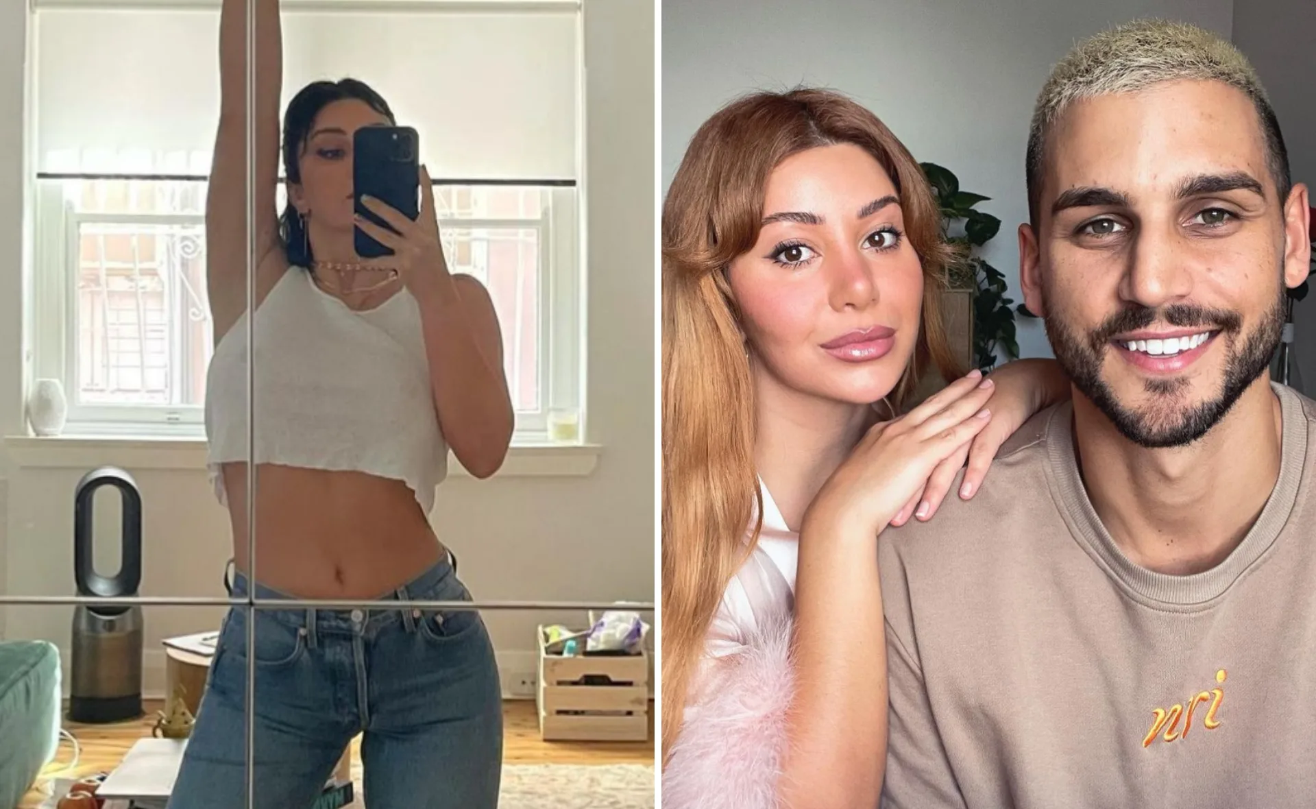 "Two images: left shows a woman taking a mirror selfie; right shows a smiling couple posing together."