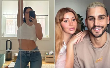 "Two images: left shows a woman taking a mirror selfie; right shows a smiling couple posing together."