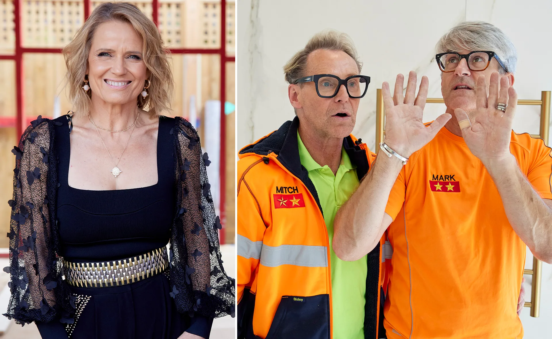 Shaynna in elegant black dress on left; Mitch and Mark gesturing with hands, wearing bright orange clothing, on right.