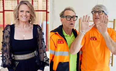 Shaynna in elegant black dress on left; Mitch and Mark gesturing with hands, wearing bright orange clothing, on right.