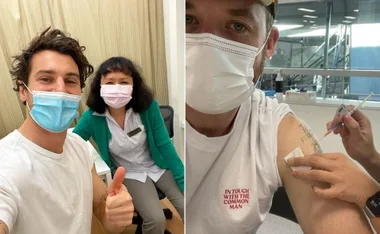 Two masked individuals, one getting vaccinated and thumbing up, while another shows a vaccine injection in the arm.