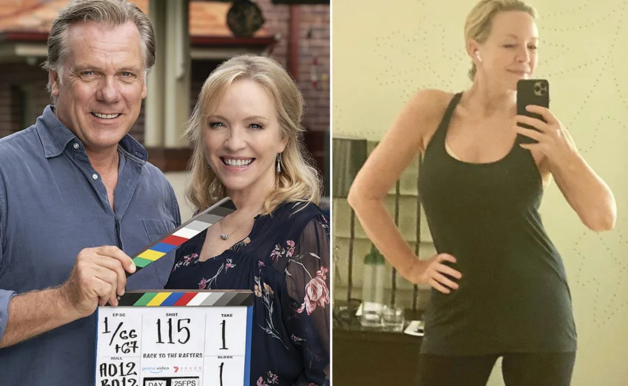 "Actors on set of 'Back to the Rafters' and a person taking a mirror selfie in workout attire."