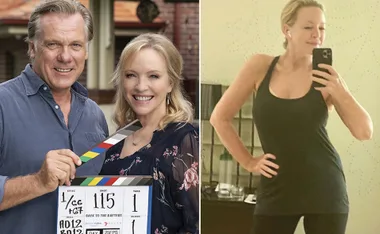 "Actors on set of 'Back to the Rafters' and a person taking a mirror selfie in workout attire."