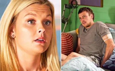 Ziggy looks shocked, while Dean appears injured and contemplative on a couch, in a scene from "Home and Away."