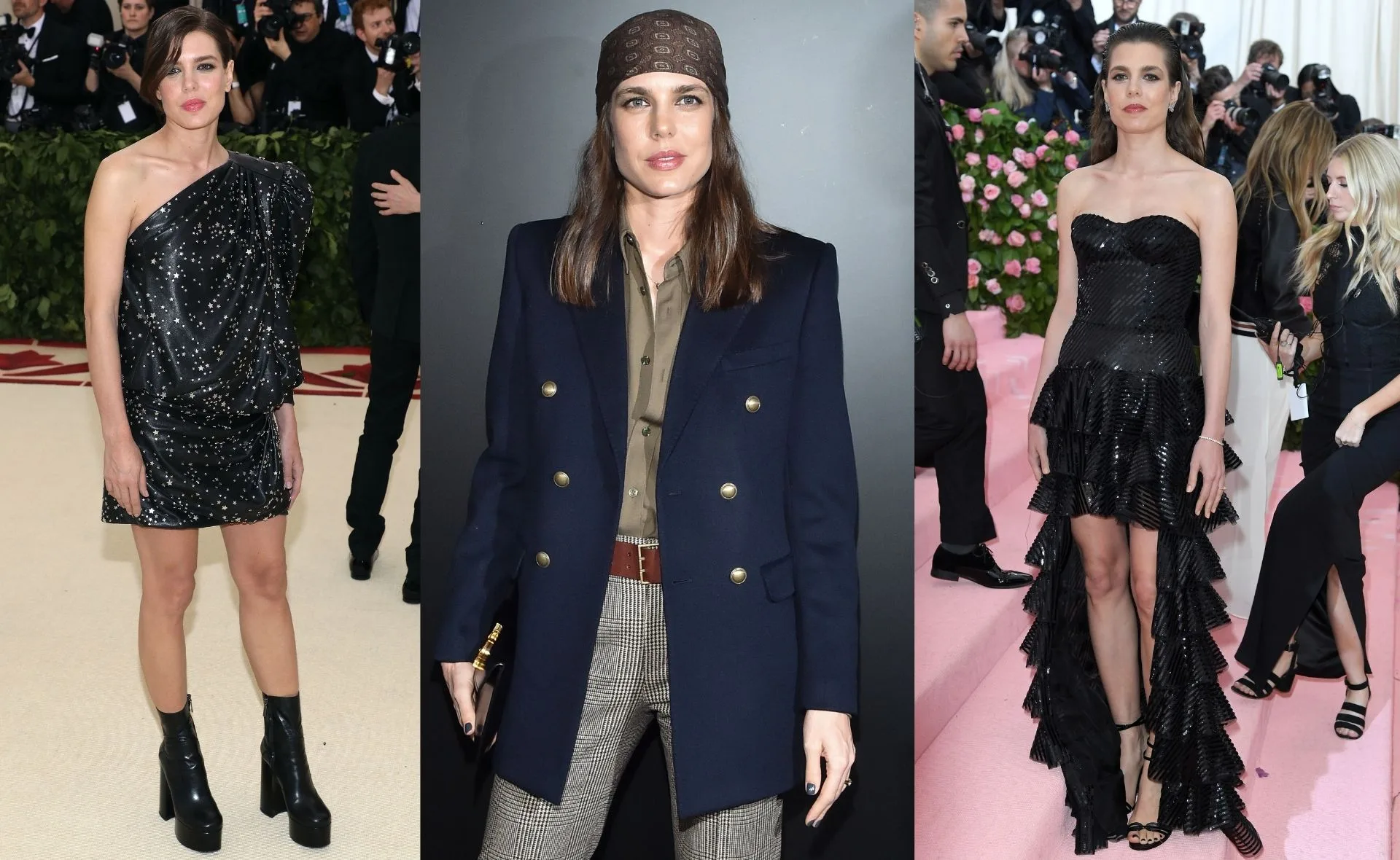 Charlotte Casiraghi at three events: in a black one-shoulder dress, a blazer with headscarf, and a black strapless gown.