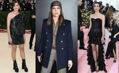 Charlotte Casiraghi at three events: in a black one-shoulder dress, a blazer with headscarf, and a black strapless gown.