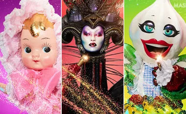 Three colorful masked characters from The Masked Singer in elaborate costumes against bright backgrounds.