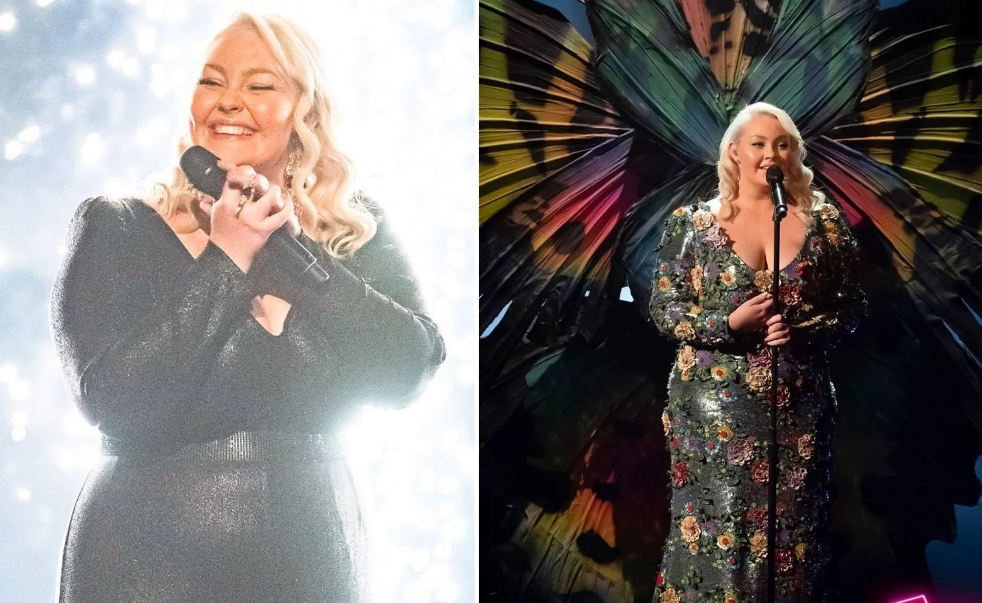 Winner of The Voice 2021, Bella Taylor Smith, performing in two stunning dresses on stage.