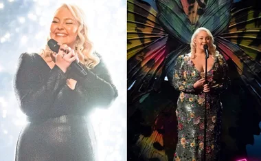 Winner of The Voice 2021, Bella Taylor Smith, performing in two stunning dresses on stage.