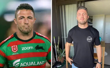 Two images of a man: left in a red and green sports jersey, right in a black T-shirt indoors.