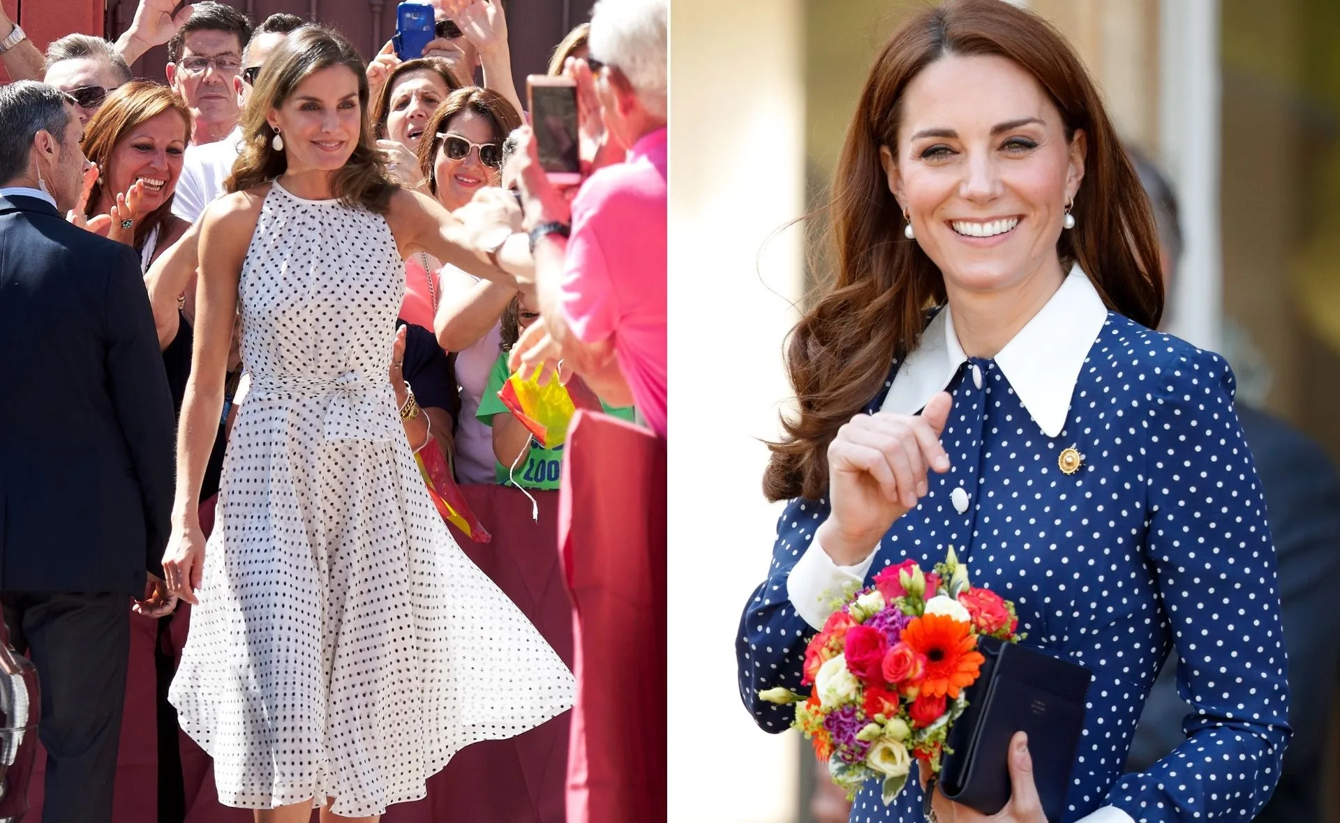 Two women in polka dot dresses, one in a crowd and the other holding flowers, both smiling.