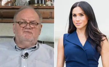 Two separate images: On the left, an older man speaking; on the right, a woman in a blue dress outdoors.