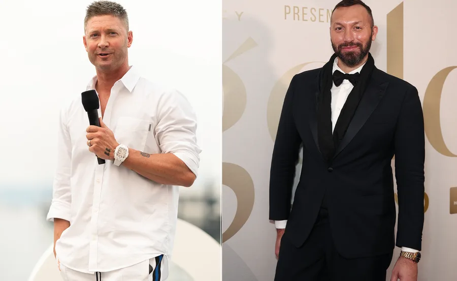 Two men at separate events: one in a white shirt holding a mic, the other in a black suit at a formal setting.