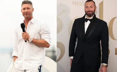 Two men at separate events: one in a white shirt holding a mic, the other in a black suit at a formal setting.