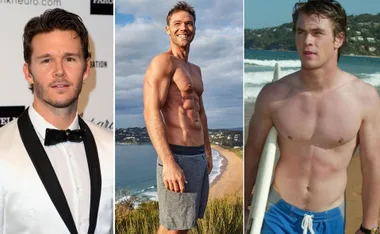 Three men from "Home and Away": in tux, shirtless on beach, with surfboard.