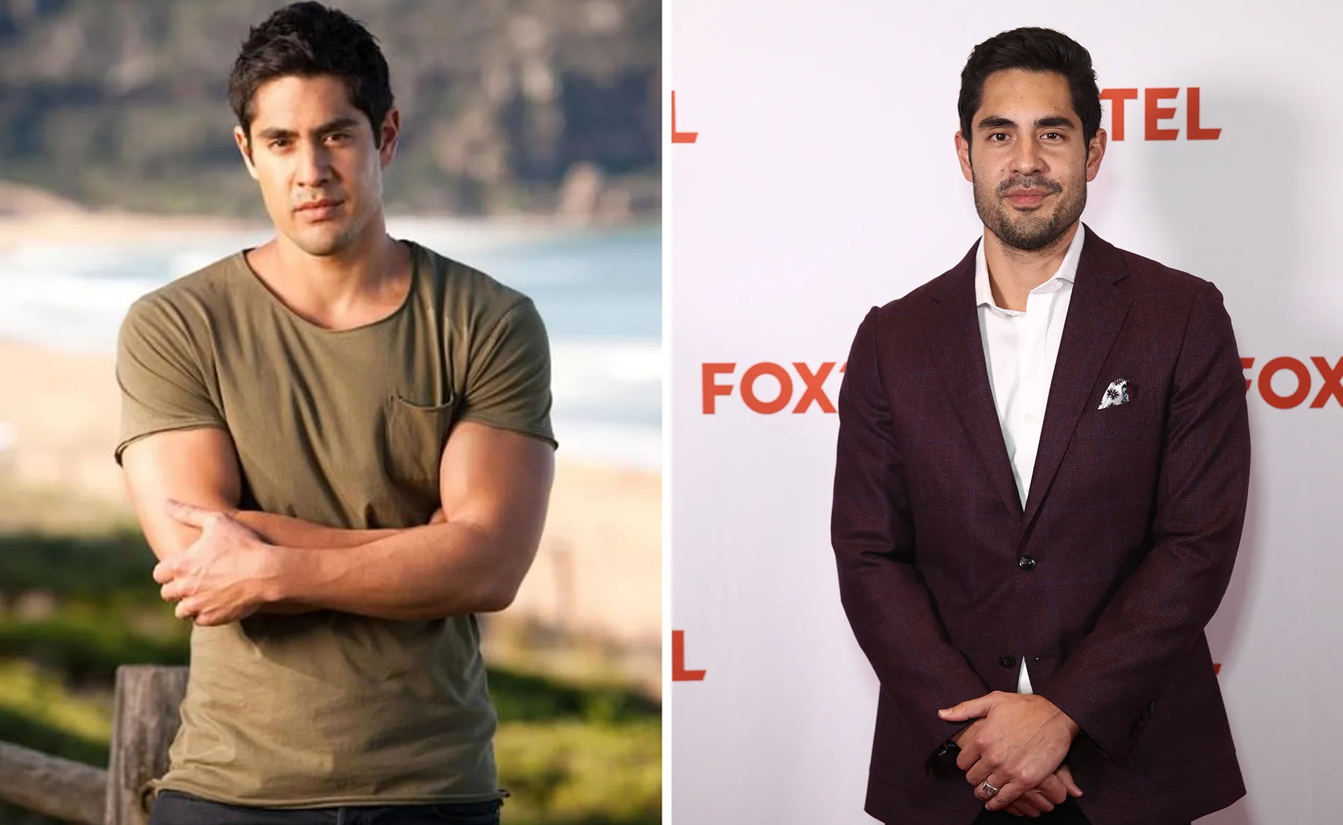 Actor in a green shirt at the beach and in a suit at an event.