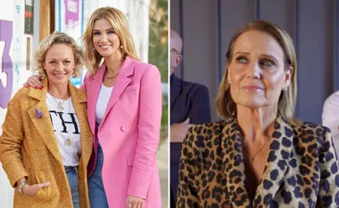 Two women smiling outdoors in pink and yellow coats; woman in leopard print indoors.