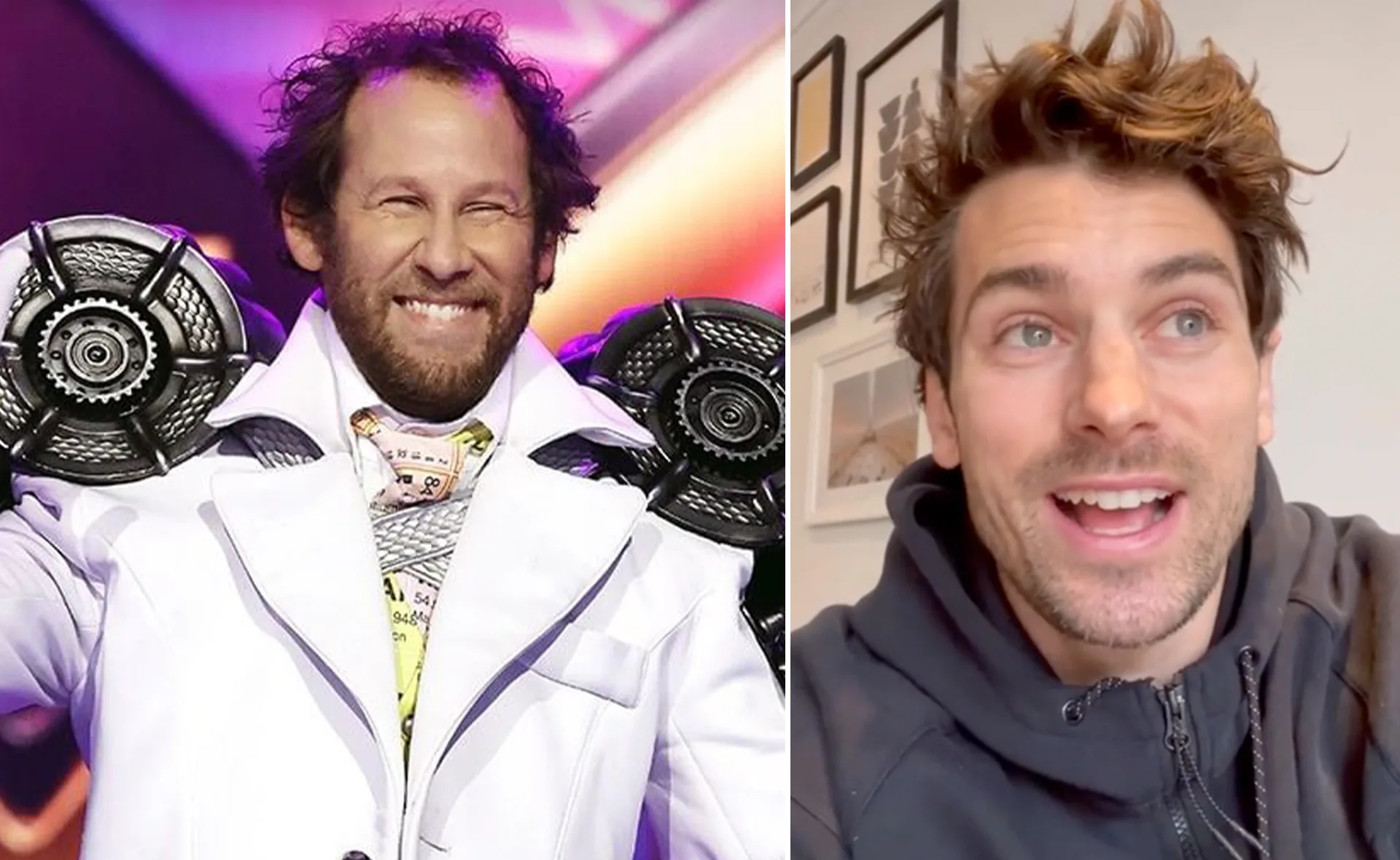 Image showing a smiling man in an elaborate, futuristic white costume alongside a casually dressed man indoors.