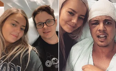 Two images of a man and woman in a hospital setting; the man is recovering with a bandaged head.