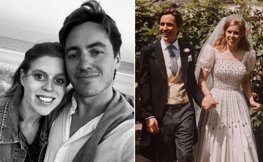"Princess Beatrice and Edoardo Mapelli Mozzi smiling in a beach selfie and at their wedding in elegant attire."