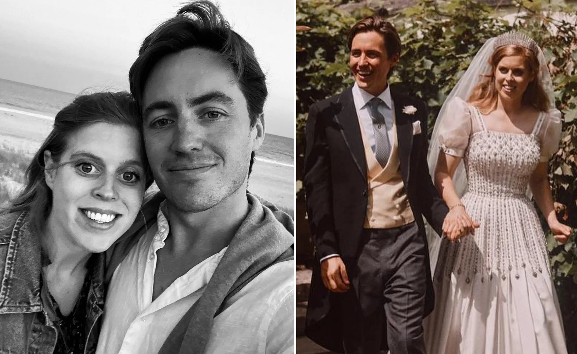 "Princess Beatrice and Edoardo Mapelli Mozzi smiling in a beach selfie and at their wedding in elegant attire."