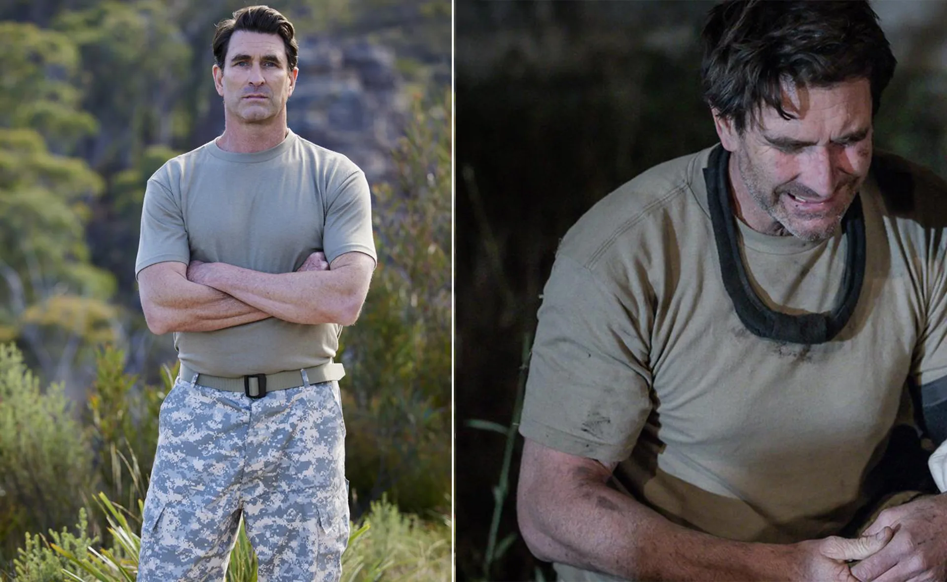 Man in camo pants stands outside; same man seated, showing distress with an injured elbow.