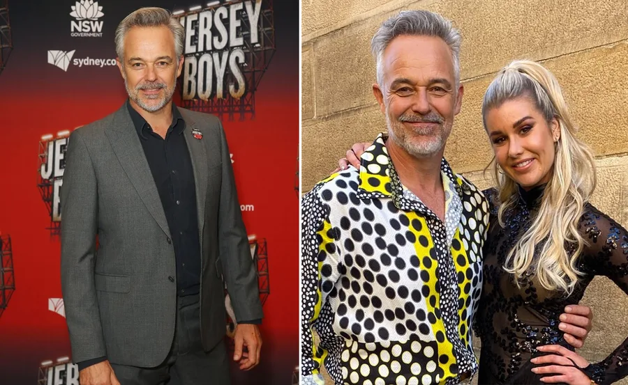 Man in gray suit at "Jersey Boys" event; next to him, in a second photo, with a woman in black attire.
