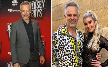 Man in gray suit at "Jersey Boys" event; next to him, in a second photo, with a woman in black attire.