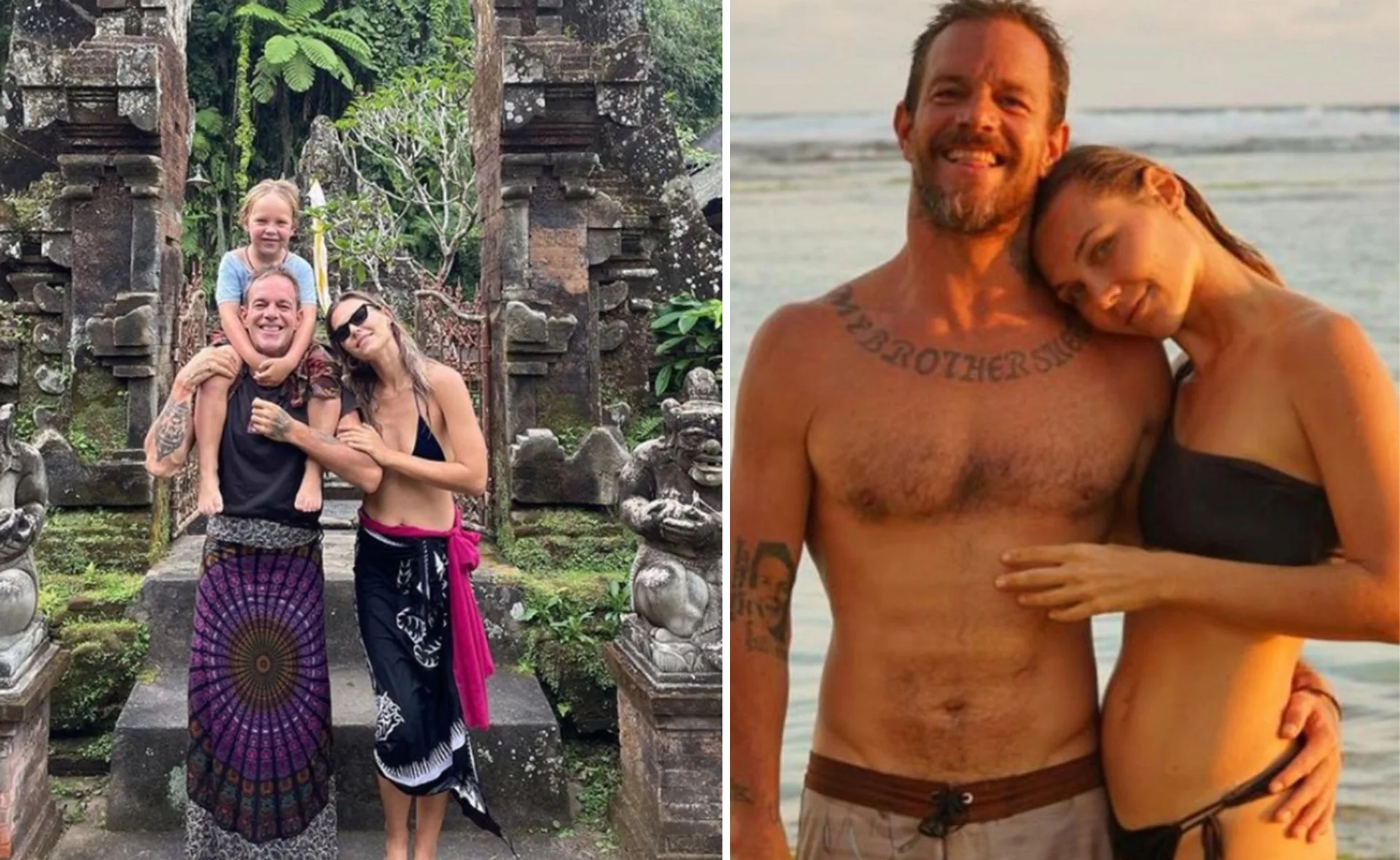 A family poses by ancient structures in nature, and a couple smiles at the beach.