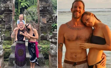 A family poses by ancient structures in nature, and a couple smiles at the beach.