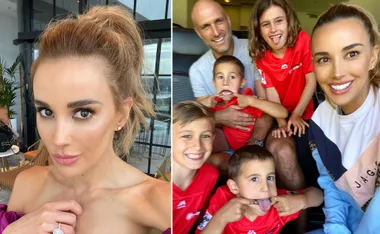Woman takes a selfie; family of six poses together in sports jerseys, smiling and playful.