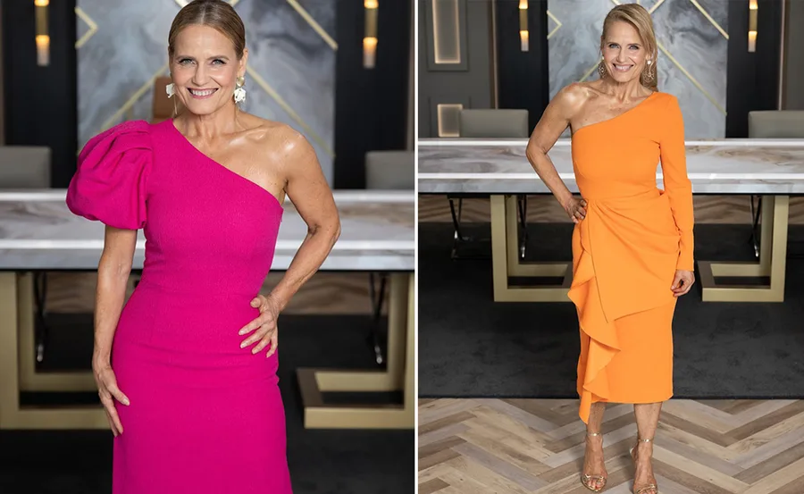 A woman in a vibrant pink one-shoulder dress and the same woman in an orange asymmetrical dress, standing indoors.