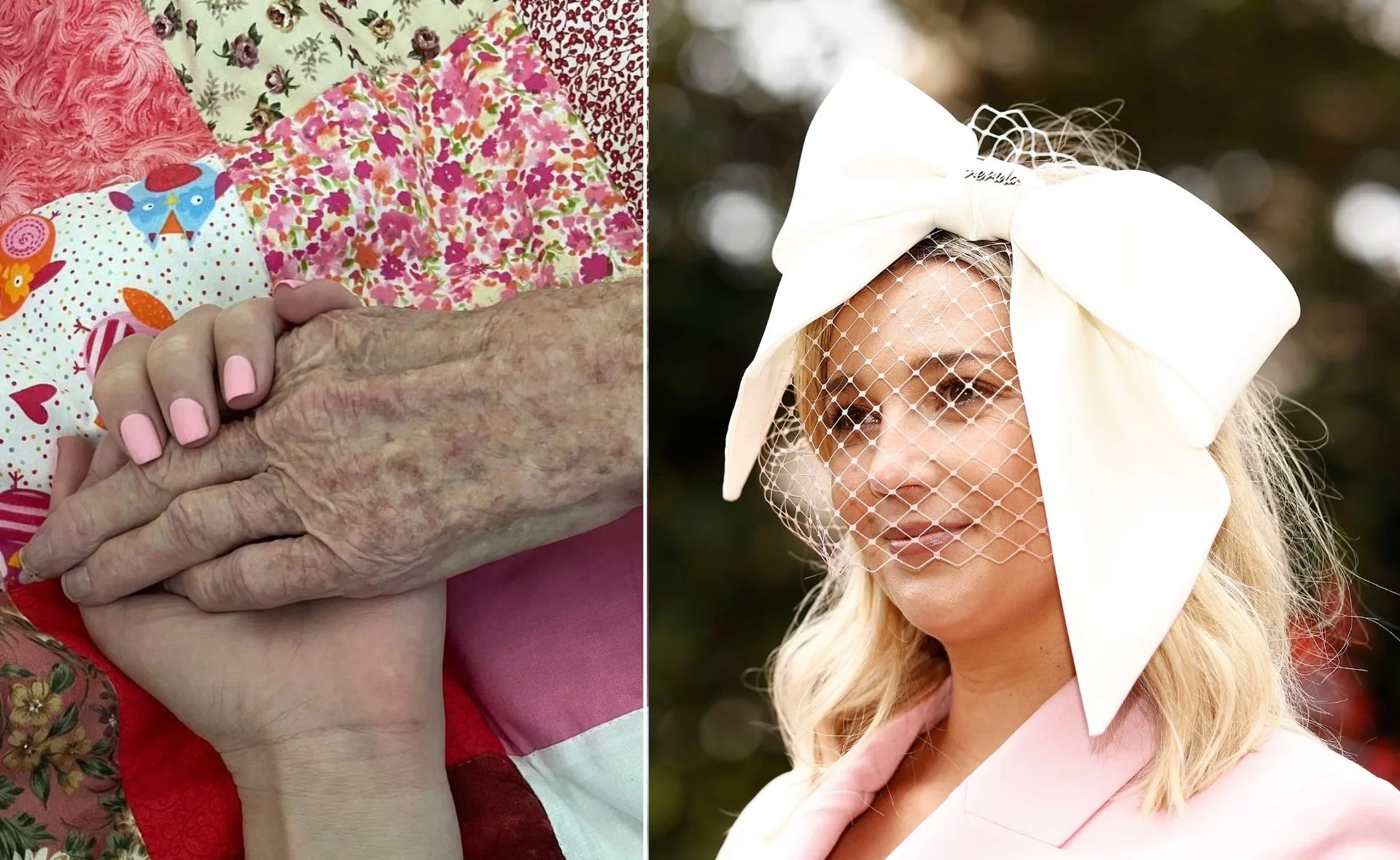 Elderly and young hands touching on a colorful quilt; woman with a large white bow hat.