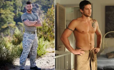 "Two images of a fit male character from 'Home and Away,' in military attire and a towel, showing tattoos."