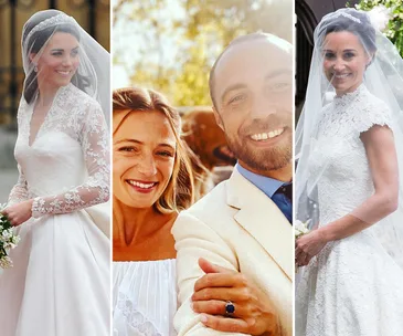 "Three wedding photos: two women in bridal gowns on left and right, a couple smiling in casual attire in the center."