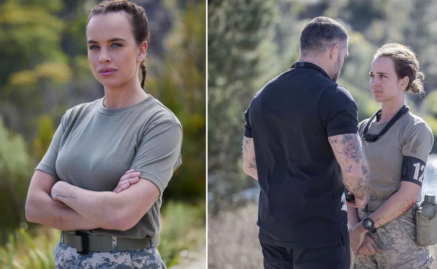 A woman in a military uniform in two scenes: arms crossed outdoors and facing a tattooed man, wearing a number 12 armband.