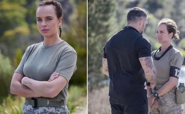 A woman in a military uniform in two scenes: arms crossed outdoors and facing a tattooed man, wearing a number 12 armband.
